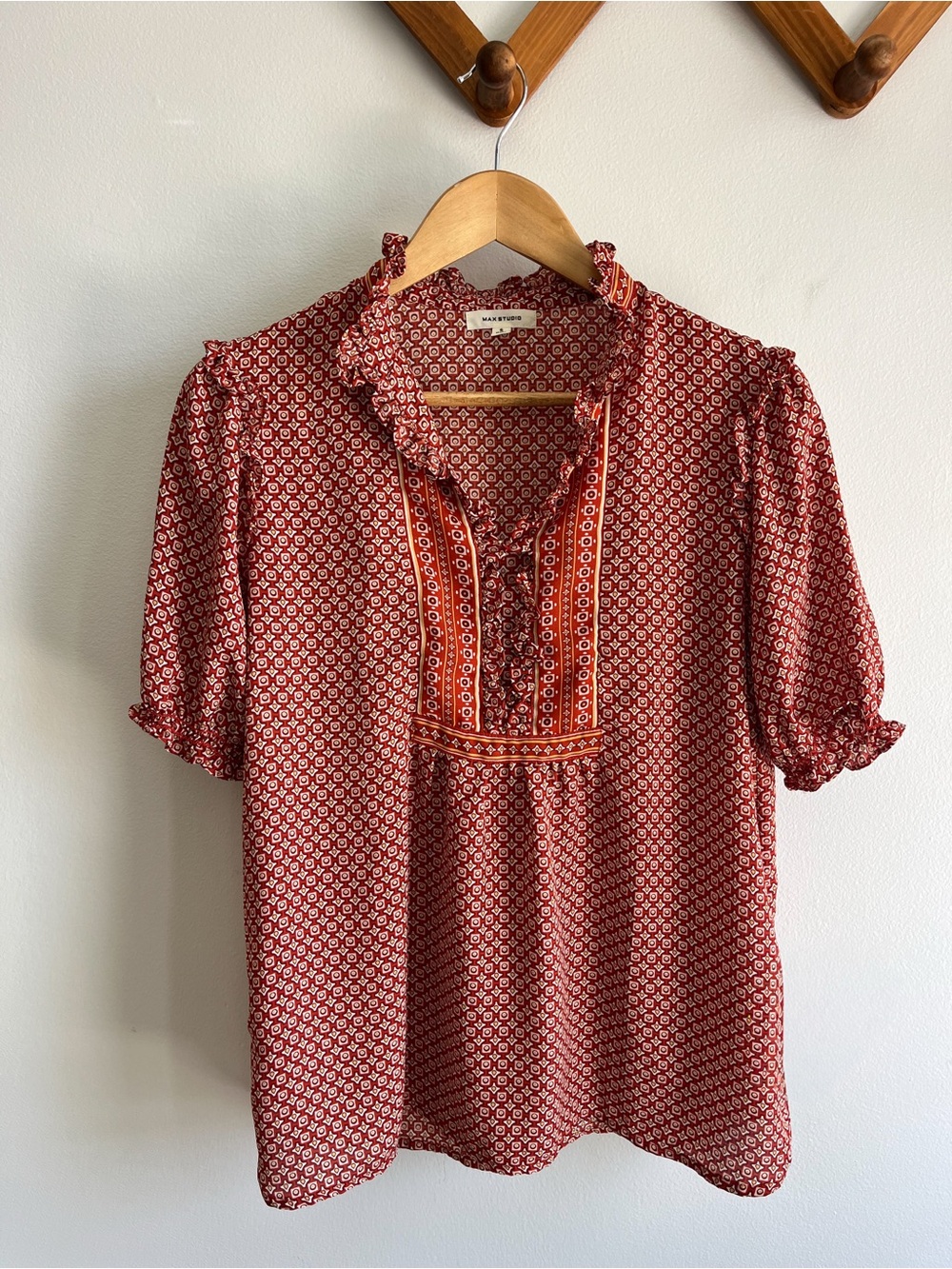 Max Studio Red Printed Ruffle-Trim Peasant Blouse